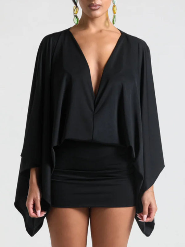V-Neck Batwing-Sleeve Mini Dress