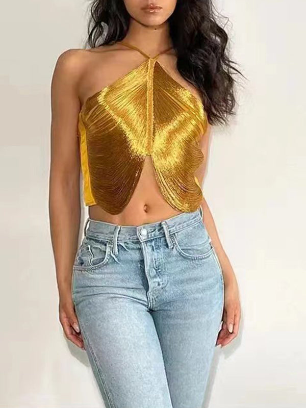 Metallic Fringe Halter Top