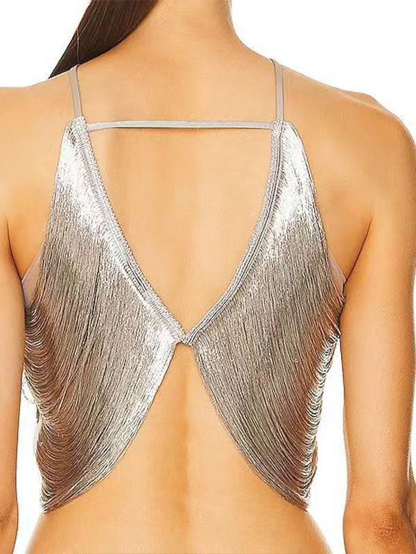 Metallic Fringe Halter Top