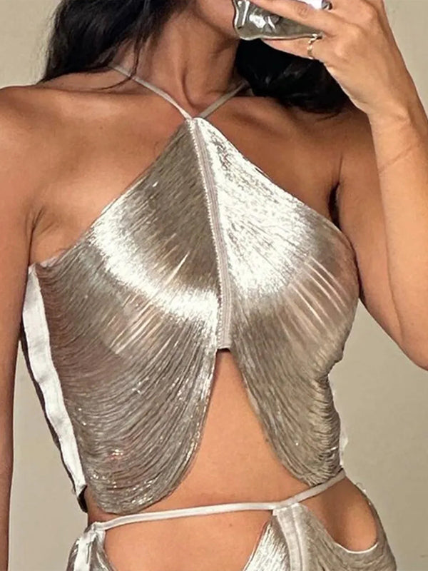 Metallic Fringe Halter Top