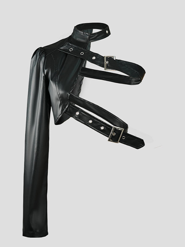 One-Sleeve Belted Faux-Leather Jacket