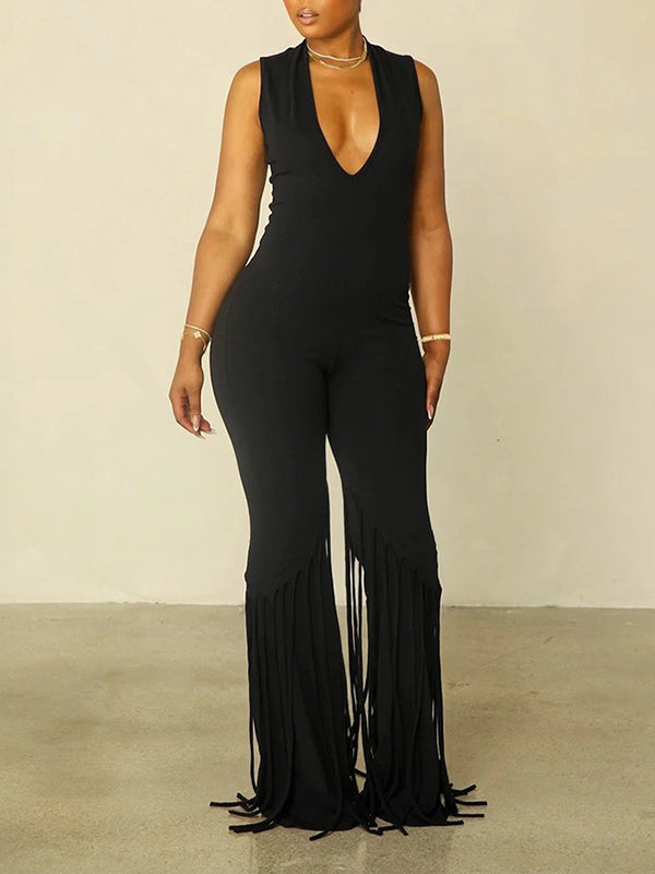 Fringe V-Neck Sleeveless Jumpsuit