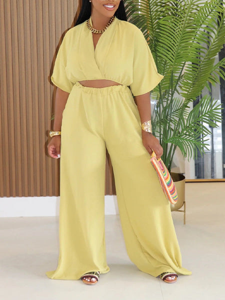 Solid V-Neck Top & Wide-Leg Pants Set
