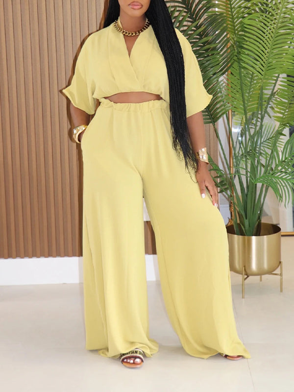 Solid V-Neck Top & Wide-Leg Pants Set