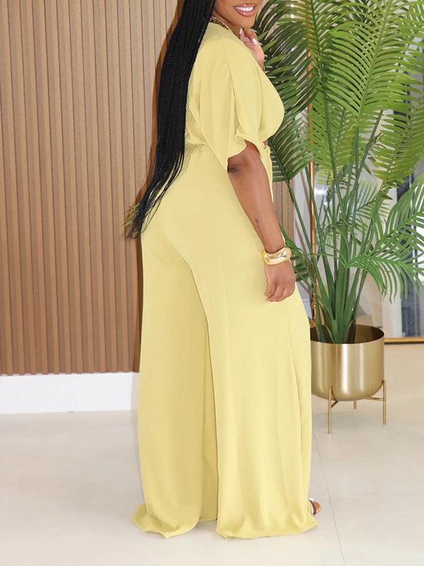 Solid V-Neck Top & Wide-Leg Pants Set