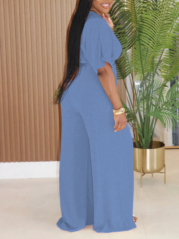 Solid V-Neck Top & Wide-Leg Pants Set