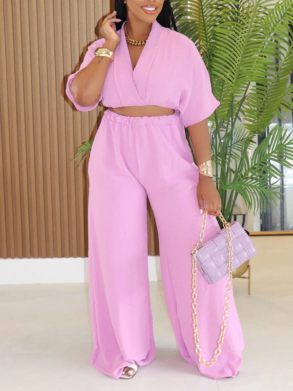 Solid V-Neck Top & Wide-Leg Pants Set