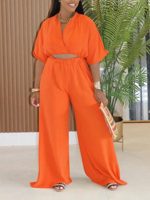 Solid V-Neck Top & Wide-Leg Pants Set
