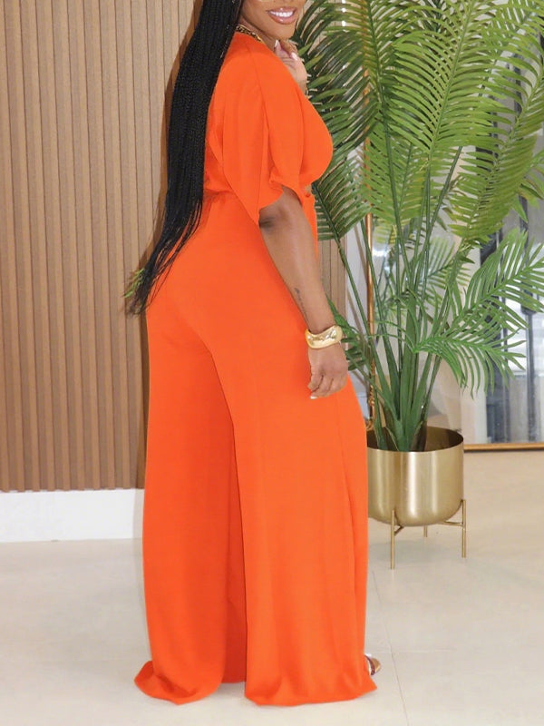 Solid V-Neck Top & Wide-Leg Pants Set