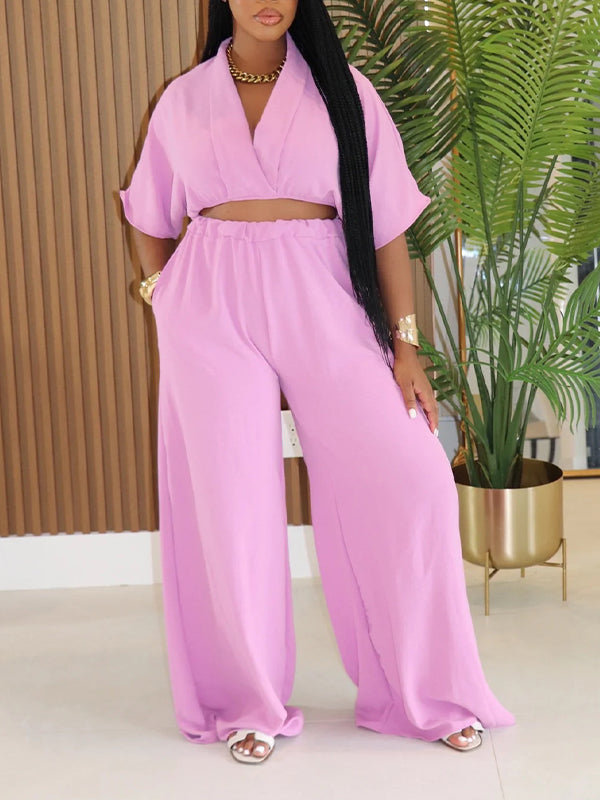 Solid V-Neck Top & Wide-Leg Pants Set