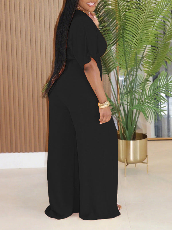 Solid V-Neck Top & Wide-Leg Pants Set