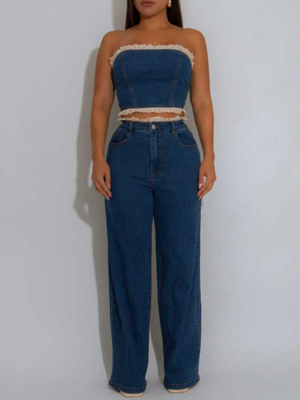 Frilled Denim Tube Top & Pants Set