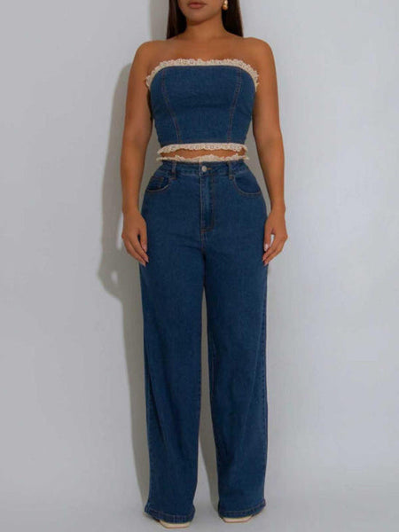Frilled Denim Tube Top & Pants Set