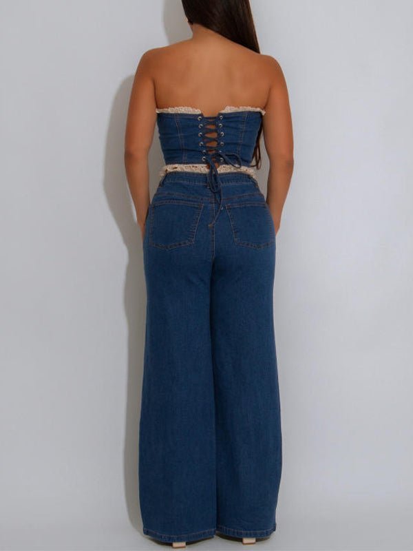 Frilled Denim Tube Top & Pants Set