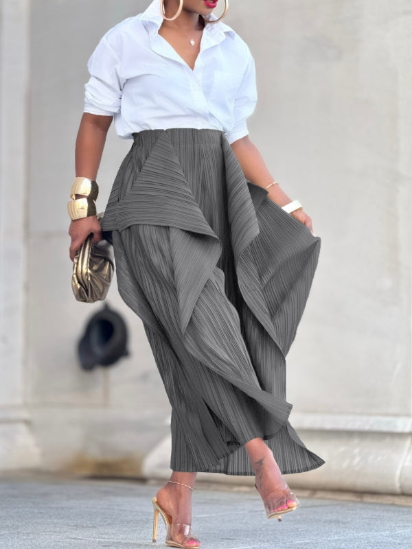 Solid Asymmetric Pleated Pants