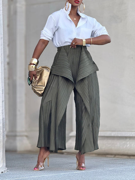 Solid Asymmetric Pleated Pants
