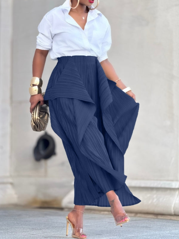 Solid Asymmetric Pleated Pants