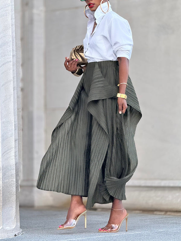 Solid Asymmetric Pleated Pants