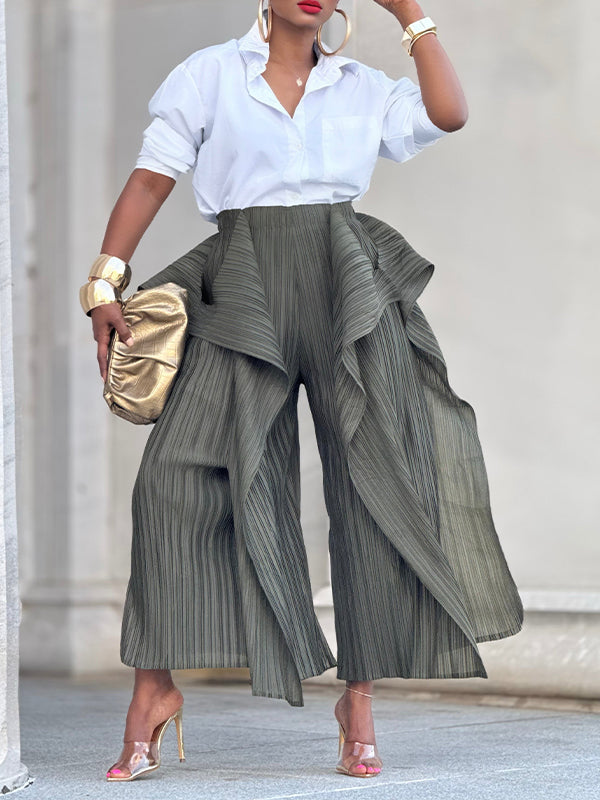 Solid Asymmetric Pleated Pants