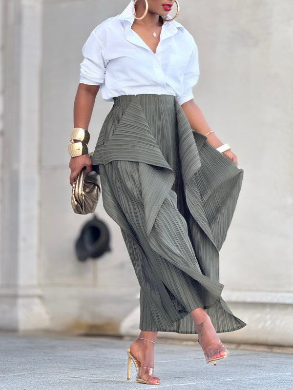 Solid Asymmetric Pleated Pants
