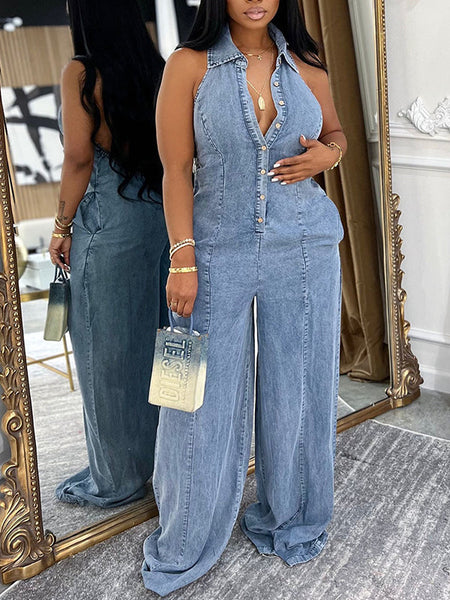 Button-Front Halter Denim Jumpsuit