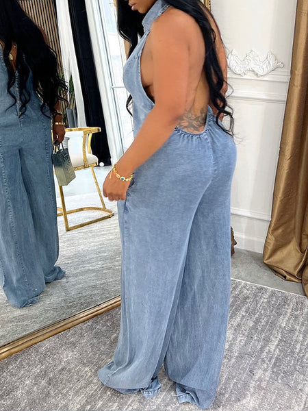 Button-Front Halter Denim Jumpsuit