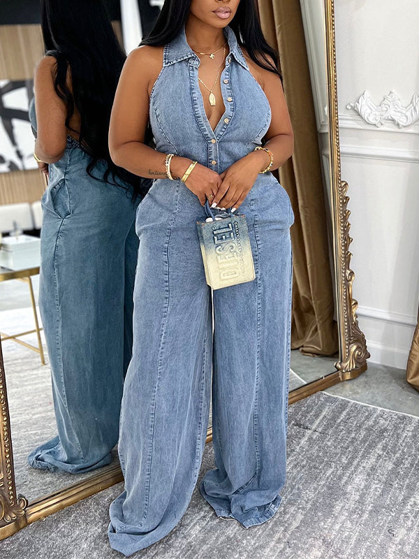 Button-Front Halter Denim Jumpsuit