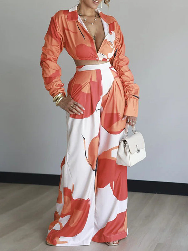 Ruched-Sleeve Shirt & Wide-Leg Pants Set