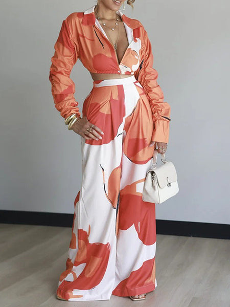 Ruched-Sleeve Shirt & Wide-Leg Pants Set