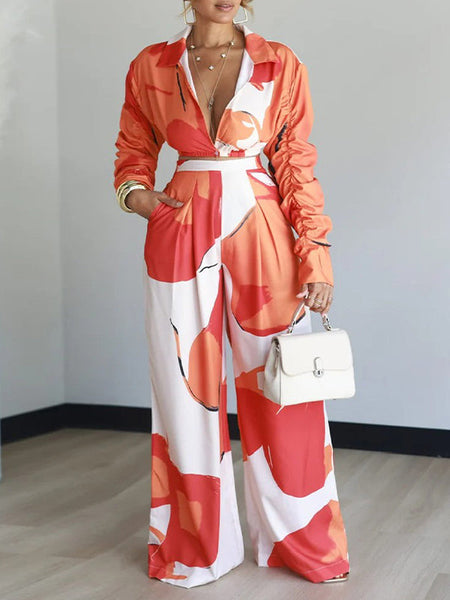 Ruched-Sleeve Shirt & Wide-Leg Pants Set