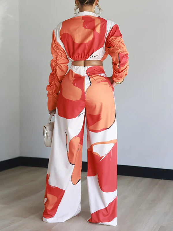 Ruched-Sleeve Shirt & Wide-Leg Pants Set