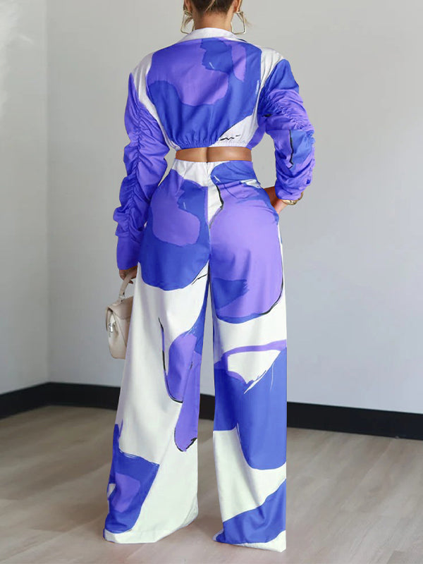Ruched-Sleeve Shirt & Wide-Leg Pants Set