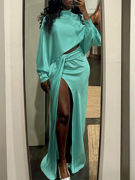 Satin Batwing-Sleeve Top & Slit Skirt Set