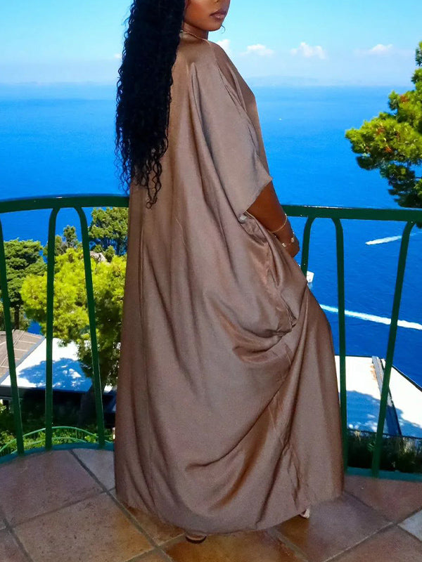 Solid V-Neck Slit Dress