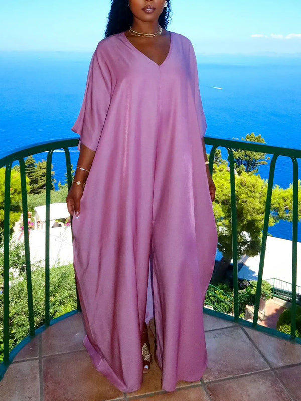 Solid V-Neck Slit Dress
