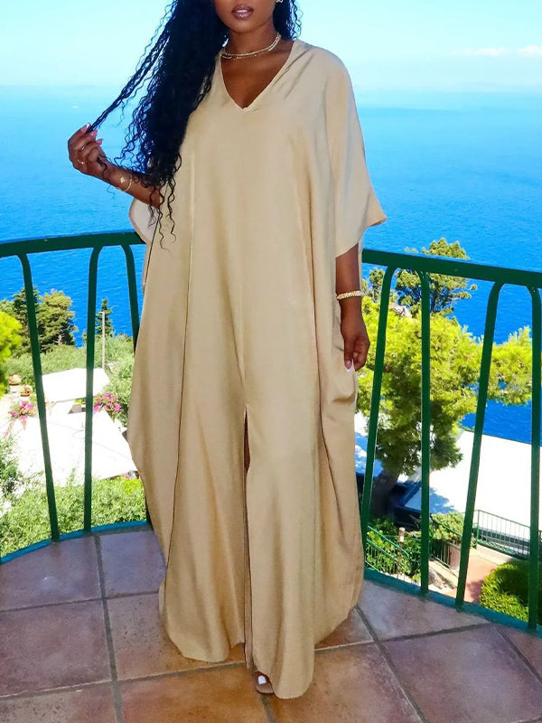Solid V-Neck Slit Dress