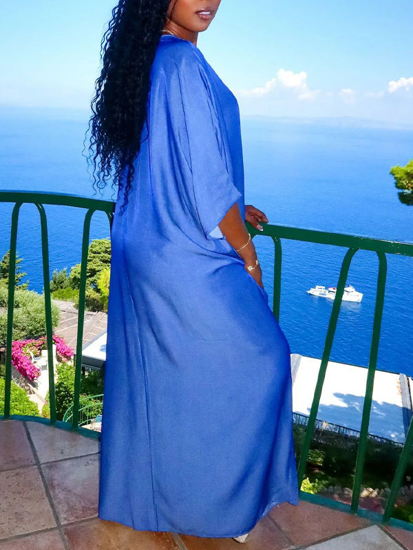 Solid V-Neck Slit Dress