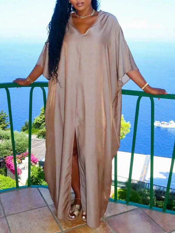 Solid V-Neck Slit Dress