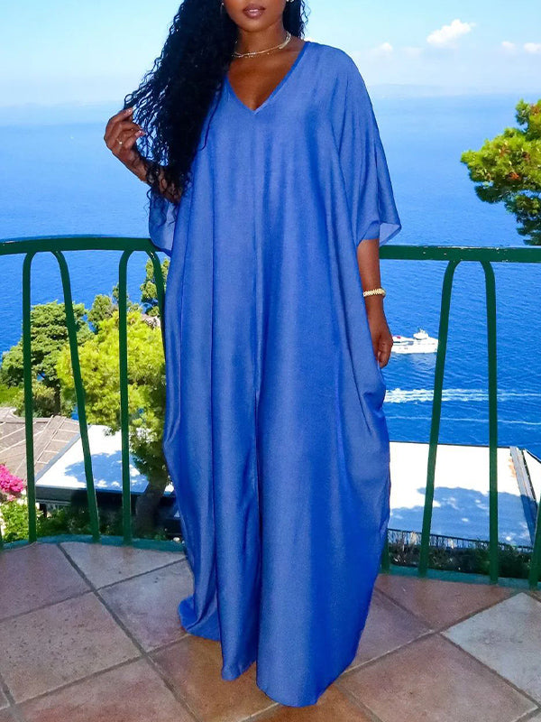 Solid V-Neck Slit Dress