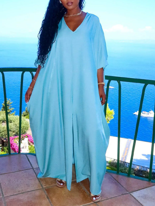 Solid V-Neck Slit Dress