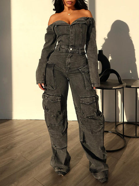 Off-Shoulder Denim Cargo Jumpsuit