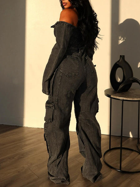 Off-Shoulder Denim Cargo Jumpsuit