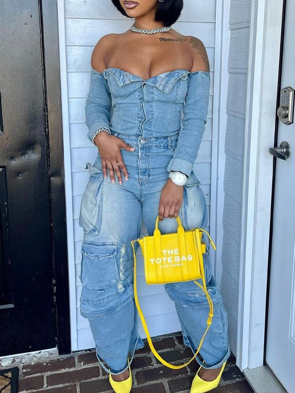 Off-Shoulder Denim Cargo Jumpsuit