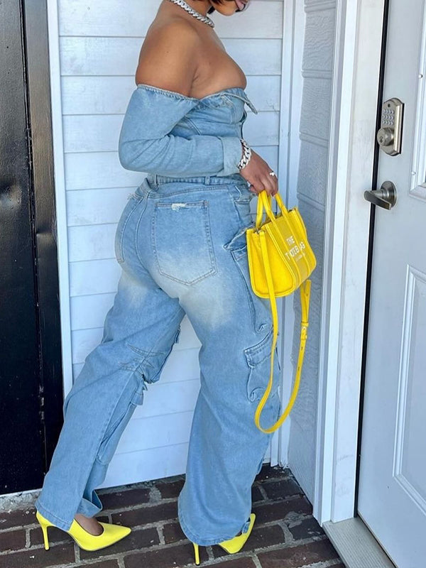 Off-Shoulder Denim Cargo Jumpsuit