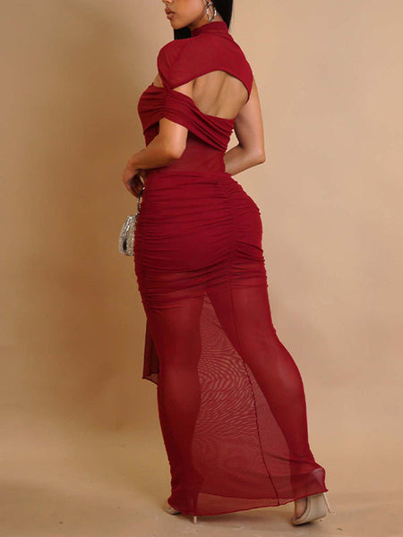 Solid Cutout Sheer Maxi Dress