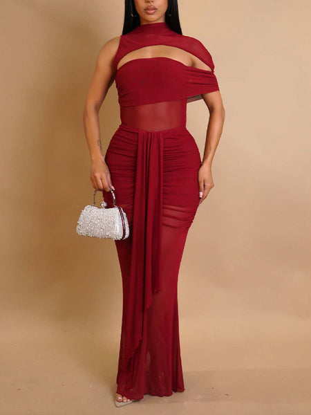 Solid Cutout Sheer Maxi Dress