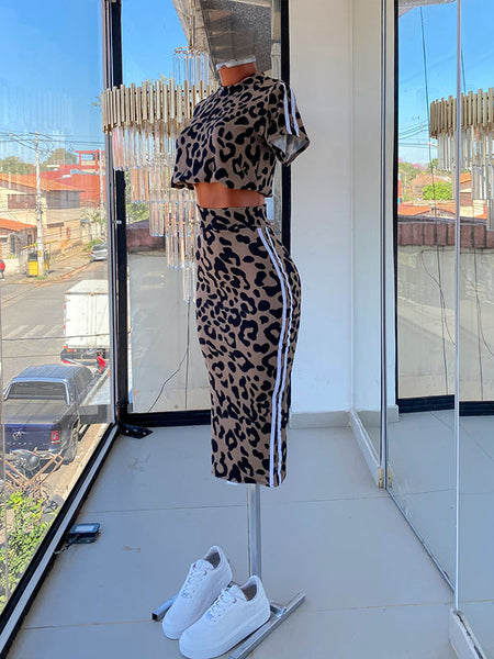 Side-Stripe Leopard Skirt Set