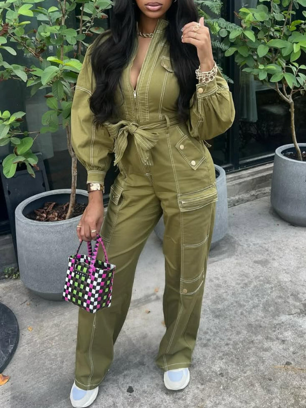 Zip-Front Tied Cargo Jumpsuit