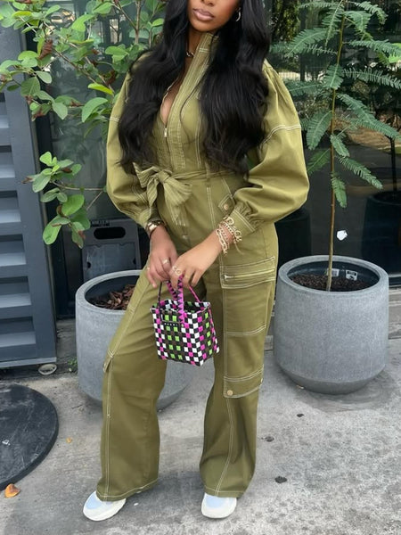 Zip-Front Tied Cargo Jumpsuit