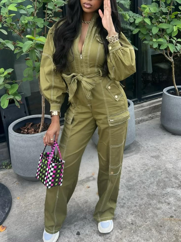 Zip-Front Tied Cargo Jumpsuit